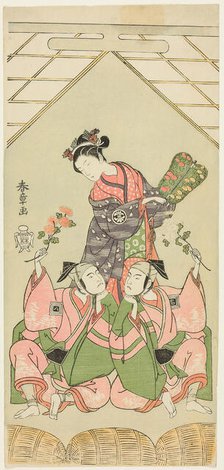 The Actors Segawa Kikunojo II as the Wet Nurse Reizei, Ichikawa Komazo I as Suruga no..., c. 1768. Creator: Shunsho.