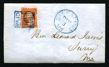 3c Washington with boxed PAID in rectangular grid on cover, 1851. Creator: Unknown.