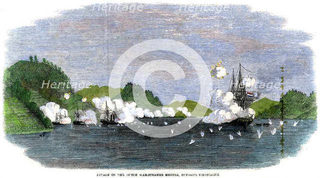 'Attack on the Dutch war-steamer 'Medusa', opposite Simonoseki', Japan, 1863. Artist: Unknown