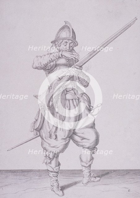 Figure in military clothing holding a musket and wearing a sword, 1607. Artist: Anon