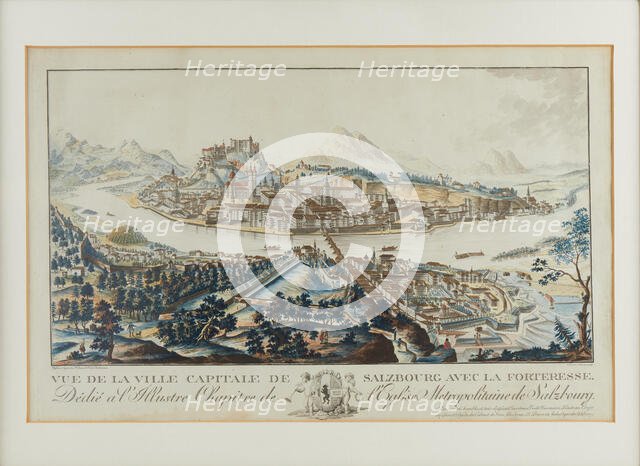 General view over the Salzach to Salzburg with the Hohensalzburg Fortress, c.1790. Creator: Amon, Anton (1761-1798).