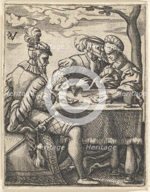 Two men and a woman playing cards at a table, one man pressing his nose toward the ..., ca. 1535-62. Creator: Virgil Solis.