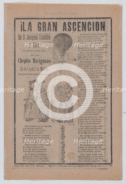 Broadsheet relating to the adventures of Don Joaquin Cantolla y Rico who travels in a hot ..., 1902. Creator: José Guadalupe Posada.
