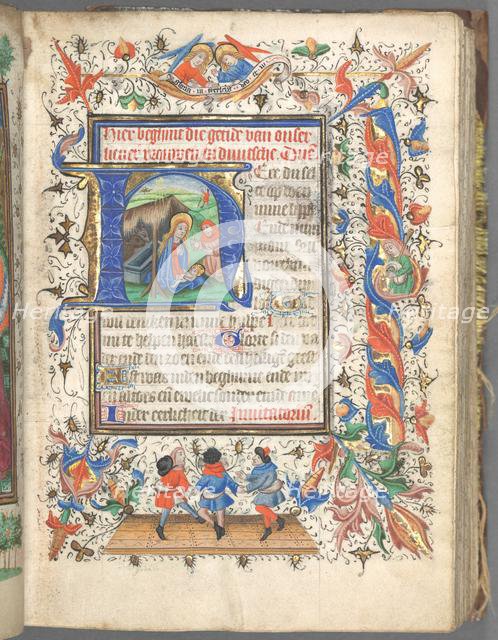 Book of Hours (Use of Utrecht): fol. 14r, Initial with The Nativity, c. 1460-1465. Creator: Master of Gijsbrecht van Brederode (Netherlandish); Master of the Boston City of God (Netherlandish).