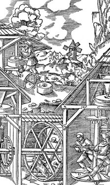 Crushing gold bearing ores in mills similar in principle to flour mills, 1556. Artist: Unknown