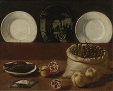 Still life with plates, a sack filled with olives, game, pomegranates, and quince. Artist: Barbieri, Paolo Antonio (1603-1649)