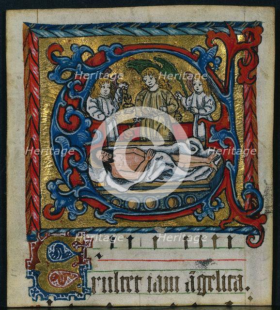 Three Cuttings from a Missal: Initial E with the Angels of the Entombment, c. 1470-1500. Creator: Unknown.