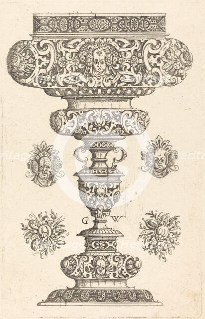 Goblet, rim decorated with masque and bouquet of fruit, published 1579. Creator: Georg Wechter I.