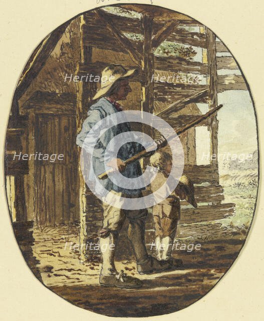 In a wooden enclosure, a man stands with a stick in a defensive posture, a boy in front of him... Creator: Steven Goble.