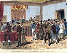 Opening of the ballot boxes of the polling places in 1871, colored engraving in 'La Ilustración E…