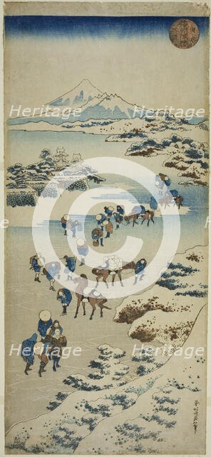 Crossing the Frozen Suwa Lake in Shinano Province (Shinshu Suwa kosui kori watari), Japan, c.1833/34 Creator: Hokusai.