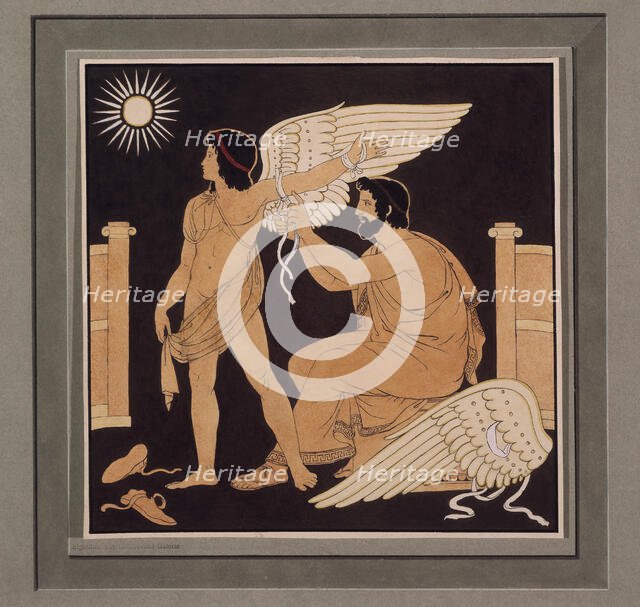 Daedalus placing a wing on Icarus, c1832. Creator: Philipp Veit.