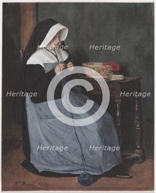 A Nun Seated at a Table Knitting, 1862. Creator: François Bonvin (French, 1817-1887).