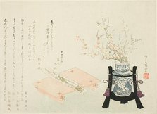 Red and White Plum Blossoms with Poem Slip, About 1810. Creator: Shinsai.