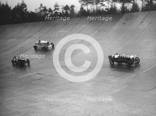 Salmson, Riley 9 Brooklands and Talbot 90 racing at a BARC meeting, Brooklands, Surrey, 1931 Artist: Bill Brunell.