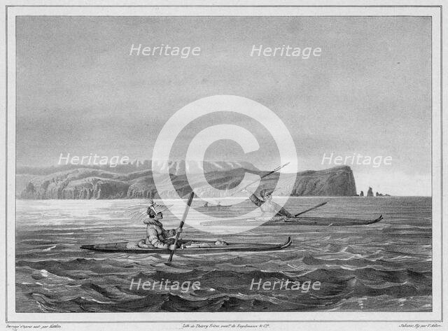 Inhabitants of Ounalacheka with their canoes (Aleutian Islands), 19th century. Creators: Friedrich Heinrich Kittlitz, Victor Adam, Godefroy Engelmann, Leon Jean-Baptiste Sabatier.
