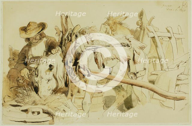 A Farmer Feeding his Pony in Geneva (recto); Seated Friar (verso), 1840 (recto); c. 1840 (verso). Creator: Edwin Henry Landseer.