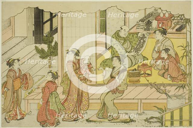 Opening the Storehouse (Kurabiraki), from the illustrated book "Colors of the Triple..., c. 1787. Creator: Torii Kiyonaga.