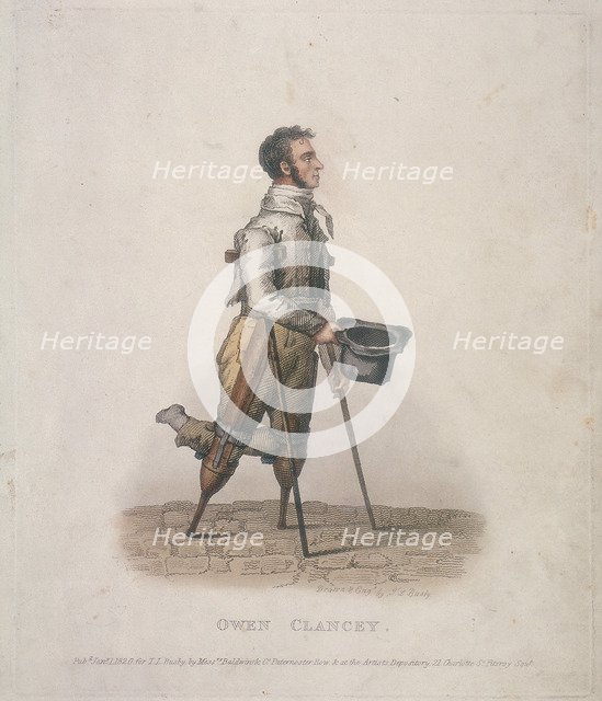 Owen Clancy, begging with his hat in hand, on crutches and with devices strapped to his legs, 1820. Artist: Thomas Lord Busby