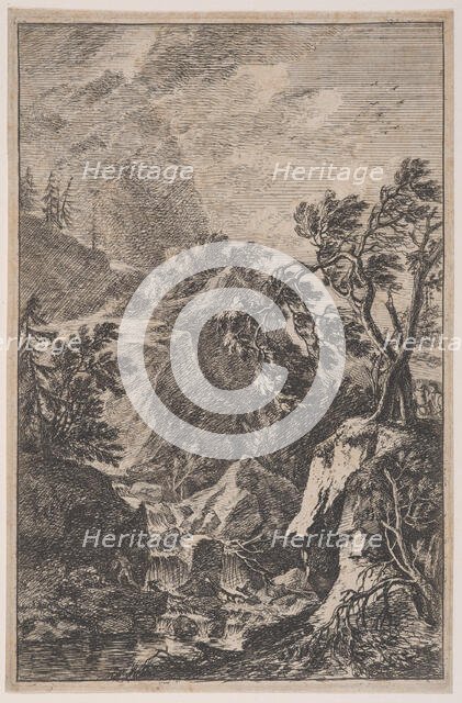 Plate 6: two male figures standing on a rock at right, a waterfall at center with a..., ca. 1700-25. Creator: Franz Joachim Beich.