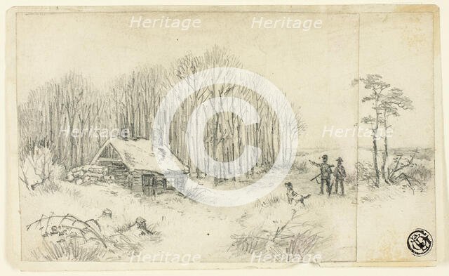 Woodland Hut, with Hunters Approaching, 18th or 19th century. Creator: Unknown.