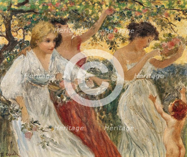 Spring, three graces under a blossoming tree. Creator: Czech, Emil (1862-1929).