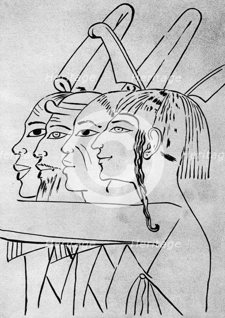 A sketch of African and Asian men from the tomb of King Seti I, Thebes, Egypt, 1936. Artist: Unknown
