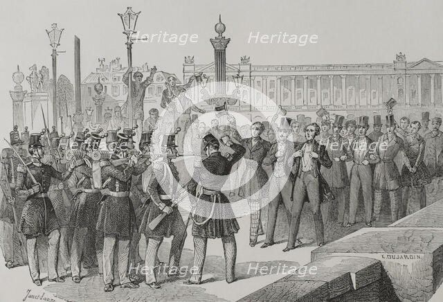 Students on the Pont de la Concorde in front of the troops, French Revolution of 1848, Paris, 1856.  Creator: Dujardin.