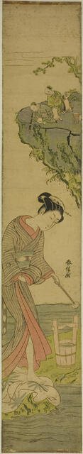Two Sages Gazing at a Beauty Treading Cloth (parody of Kume Sennin), c. 1769. Creator: Suzuki Harunobu.