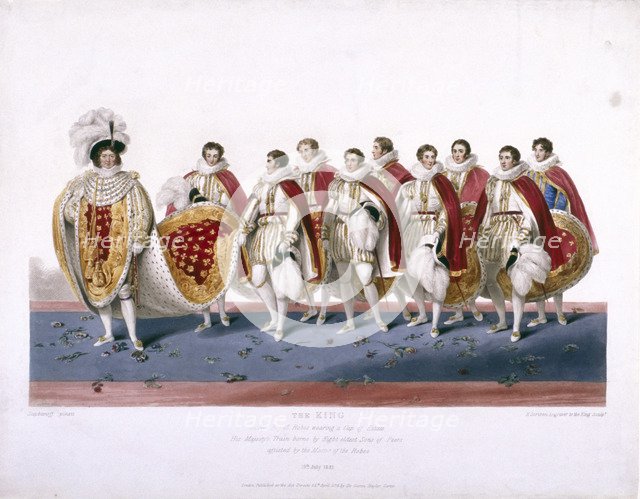 King George IV in his royal robes wearing a cap of estate, 1826. Artist: Edward Scriven