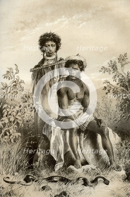 Maoris and carpet snake, New Zealand, 1879. Artist: McFarlane and Erskine