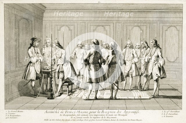Assembly of Freemasons to initiate an apprentice, c1733. Artist: Unknown