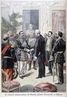 Prince Ourousoff, ambassador of Russia meeting Félix Faure, 1898. Artist: F Meaulle