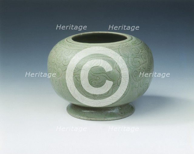 Yue celadon jar with mandarin ducks in lotus medallions, late Tang dynasty, China, 9th-10th century. Artist: Unknown