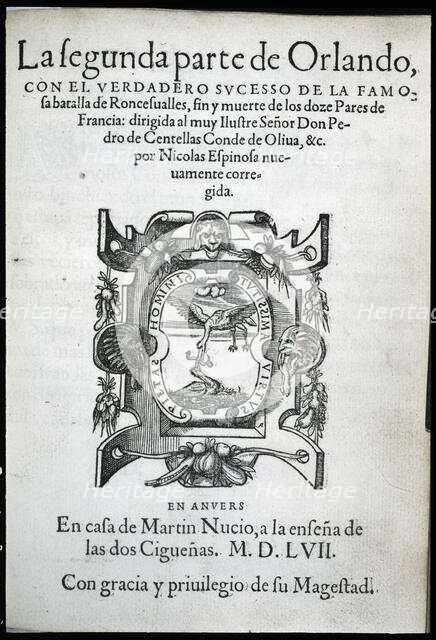 Cover of the second part of the rare edition of 'Orlando Furioso', 1557-1558. Creator: Ariosto, Ludovico (1474 - 1533).