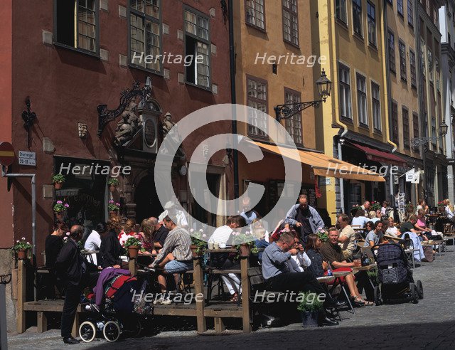 Café and colourful houses, Stortorget Square, Stockholm, Sweden