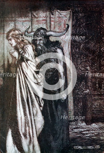 O wife betrayed I will avenge they trust deceived! Illustration for Siegfried and The Twilight of t Artist: Rackham, Arthur (1867-1939)