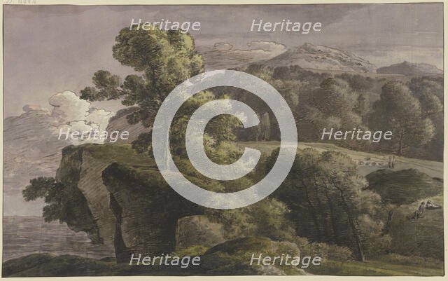 River landscape with trees and figures, late 18th century. Creator: Franz Kobell.