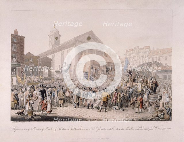 Election in Covent Garden, London, 1818.  Artist: Rudolph Ackermann