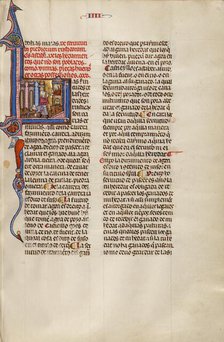 Initial L: A Man Speaking to Another from a Balcony while a third Digs..., about 1290-1310 Creator: Unknown.