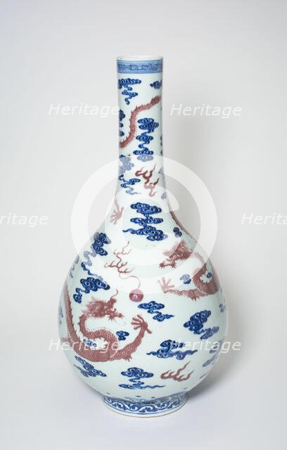 Long-Necked Vase with Dragons Chasing Flaming Pearls among Stylized..., Qing dynasty, 18th cent. Creator: Unknown.