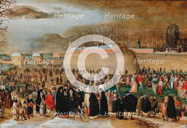 Winter landscape with a carnival scene near the Kipdorppoort Bastion in Antwerp. Creator: Vrancx, Sebastiaen (1574-1647).