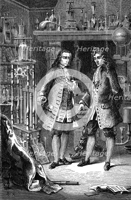 Robert Boyle, Anglo-Irish chemist and physicist and Denis Papin, French physicist, 1870. Artist: Unknown