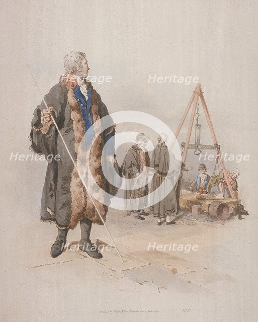 Ward Beadle in civic costume, holding a staff, at a Wardmote Inquest, 1805. Artist: William Henry Pyne