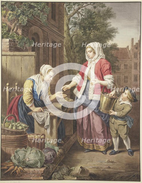 A lady with a boy buys apples, 1799. Creator: Jacobus Buys.