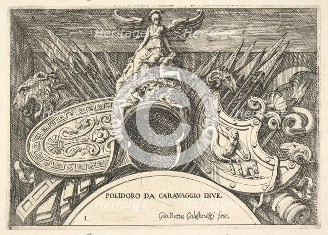 Plate 1: trophies of Roman arms from decorations above the windows on the second floor ..., 1656-58. Creator: Giovanni Battista Galestruzzi.