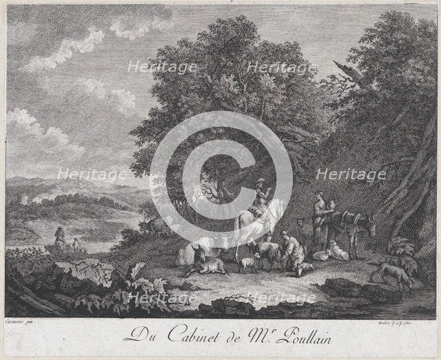 Man on Horseback Speaks to Two Shepherdesses, 1780. Creator: Unknown.