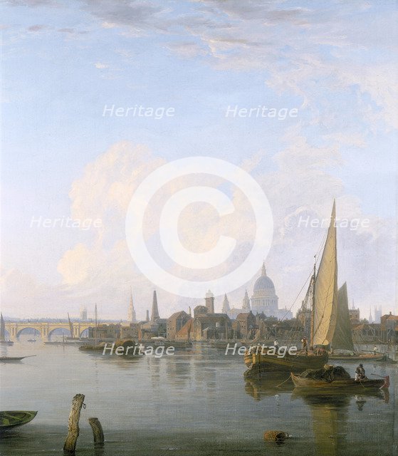 'Waterloo Bridge and the Lambeth Waterfront from Westminster Stairs', 1821. Artist: Charles Deane