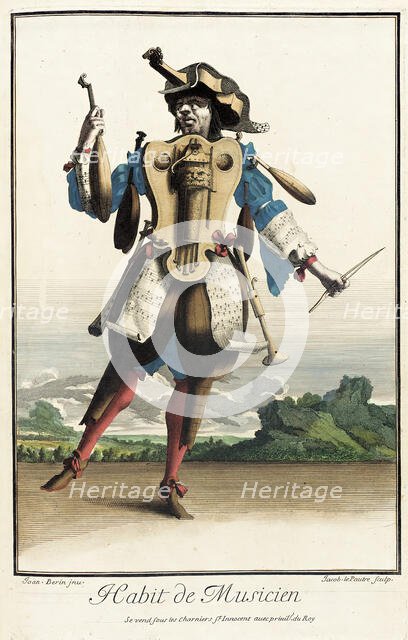 Recueil des modes de la cour de France, 'Habit de Musicien', Bound 1703-1704. Creators: Jean Berain, Jacques Le Pautre, Jean Lepautre.