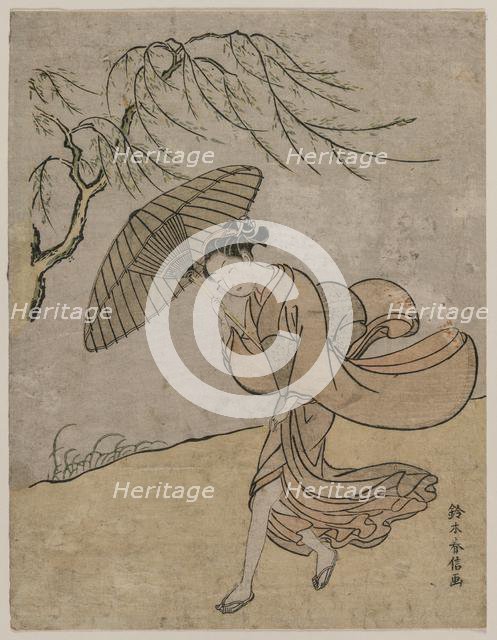 Woman Running Past a Willow Tree in a Breeze, 1766 or 1767. Creator: Suzuki Harunobu (Japanese, 1724-1770).